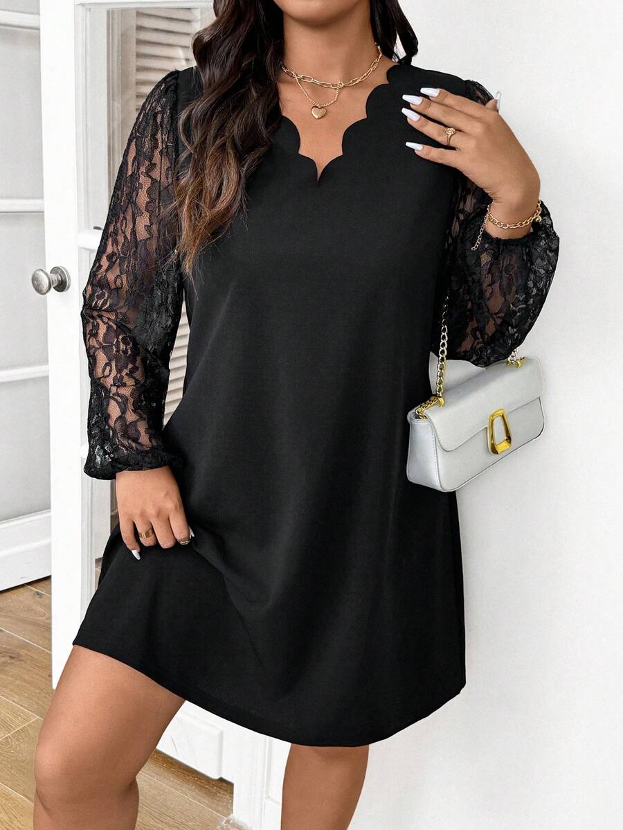 SHEIN Frenchy Plus Size Solid V-Neck Lace Trim Elegant Long Sleeve Dress,Graduation Dress