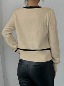 Elenzga 女士蝴蝶结装饰单排扣休闲开衫，秋冬 - 卡其色 - 查看 2