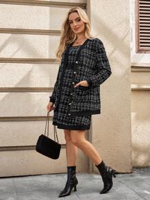 SHEIN 2pcs/Set Maternity Outfit With Jacket And Dress, Rough Fabric-Like Printed Pattern, Autumn - Black - View 5