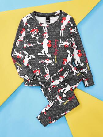 LOONEY TUNES X SHEIN 小男孩 2 件套卡通兔子图案印花长袖 T 恤和舒适裤子家居服睡衣套装