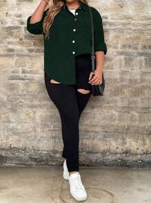 SHEIN LUNE Áo sơ mi thường ngày tay dài màu trơn cỡ lớn cho nữ, mùa thu, đơn hàng khuy - Màu xanh lá cây đậm - Xem 5