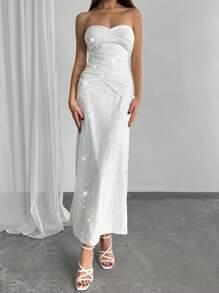 Aloruh 女士亮片装饰交叉胸围性感派对圣诞长裙 - 白色 - 查看 4