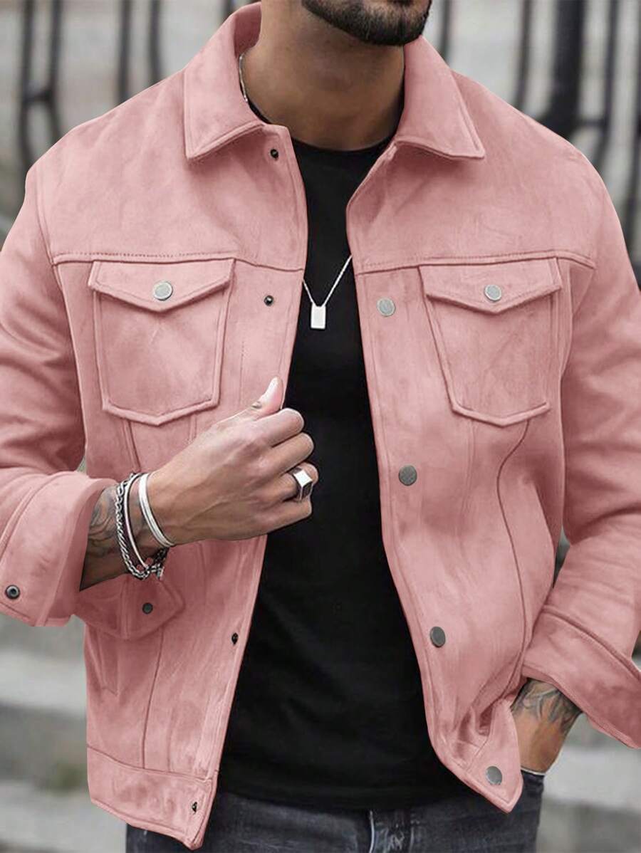 Manfinity Dauomo Plus Size Men's Button Front Long Sleeve Pocket Casual Jacket, Simple Design