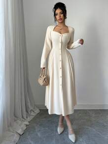 Elenzga 休闲优雅纹理心形领侧褶长袖女式连衣裙，适合派对和聚会长款女装 - 杏色 - 查看 4