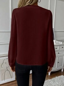 SHEIN Unity 女士纯色荷叶边下摆长袖优雅衬衫，秋季女式衬衫 - 紫紅色 - 查看 2