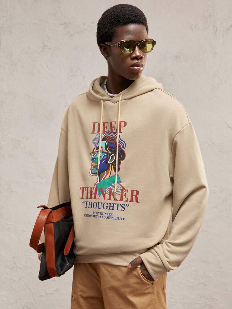 Men's Knitted Loose Drop Shoulder Crew Neck Long Sleeve Casual Hooded Sweatshirt, Suitable For Autumn/Winter