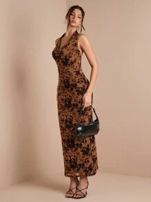SHEIN BAE Đầm hở lưng xếp nếp không tay họa tiết hoa cho nữ - màu nâu - Xem 4
