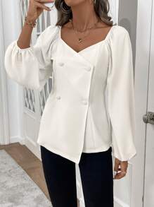 SHEIN Clasi 不对称双排扣衬衫，优雅春秋季节 - 杏色 - 查看 5