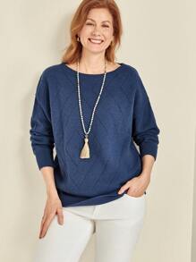 EMERY ROSE Plus Solid Color Crew Neck Casual Versatile Long Sleeve Pullover Sweater Knit Pullover Fall Winter - Navy Blue - View 5