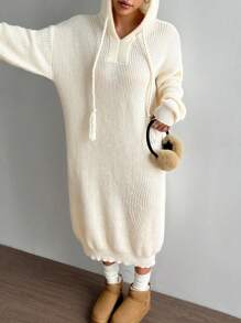 Flirla Women's Solid Color Drop Shoulder Long Sleeve Hooded Loose Casual Sweater Dress For Autumn/Winter - Apricot - View 7