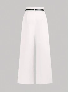 SHEIN Clasi 女式纯色前扣简约休闲高腰裤配腰带 - 白色 - 查看 2