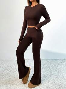 Chiquease 女士双面羊毛保暖内衣套装，长袖上衣和修身休闲裤，秋冬 - 咖啡棕 - 查看 5