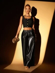 Lumalex Wedding Anniversary Spring Festival Party Season Valentine's Day Winter Thanksgiving Outfit New Years Thanksgiving Rave Festival Outfits Formal Prom New Years Eve Outfit Concert Party Banquet Women Gold Color Button Decor Scoop Neck Fitted Tank Top