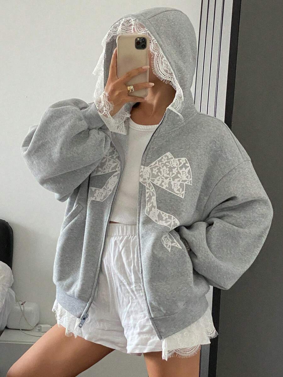 Livesso Damen Schleife Spitze Muster locker Plüsch Sweatshirt Kapuzenpullover, thermisch gefüttert Herbst, Winter Reißverschluss Jacke thermisch gefüttert - Grau - Übersicht 1