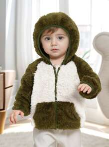 SHEIN Baby Boy Contrast Color Patchwork Hooded Plush Jacket For Winter - Green - View 1
