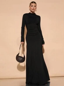 SHEIN BAE 优雅纯色高领不对称肩部褶皱下摆长裙，适合鸡尾酒会、浪漫约会、冬季汗衫裙、派对、婚礼伴娘、夜间外出、万圣节、圣诞节 - 黑色 - 查看 5
