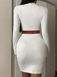 Muchica Women's Christmas Snowman & Red Green Print Basic Pencil Dress, Sexy Long Sleeve Bodycon Midi Dress