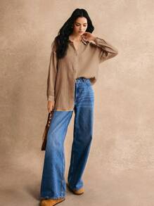 Poéselle 100% Cotton Drop Shoulder Solid Longline Shirt Summer Tops Vacation Clothes - Brown - View 3