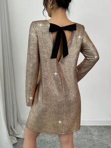 Lyxana 女士圆领长袖宽松性感闪亮亮片短款派对礼服新年节日聚会服装 - 金色 - 查看 3