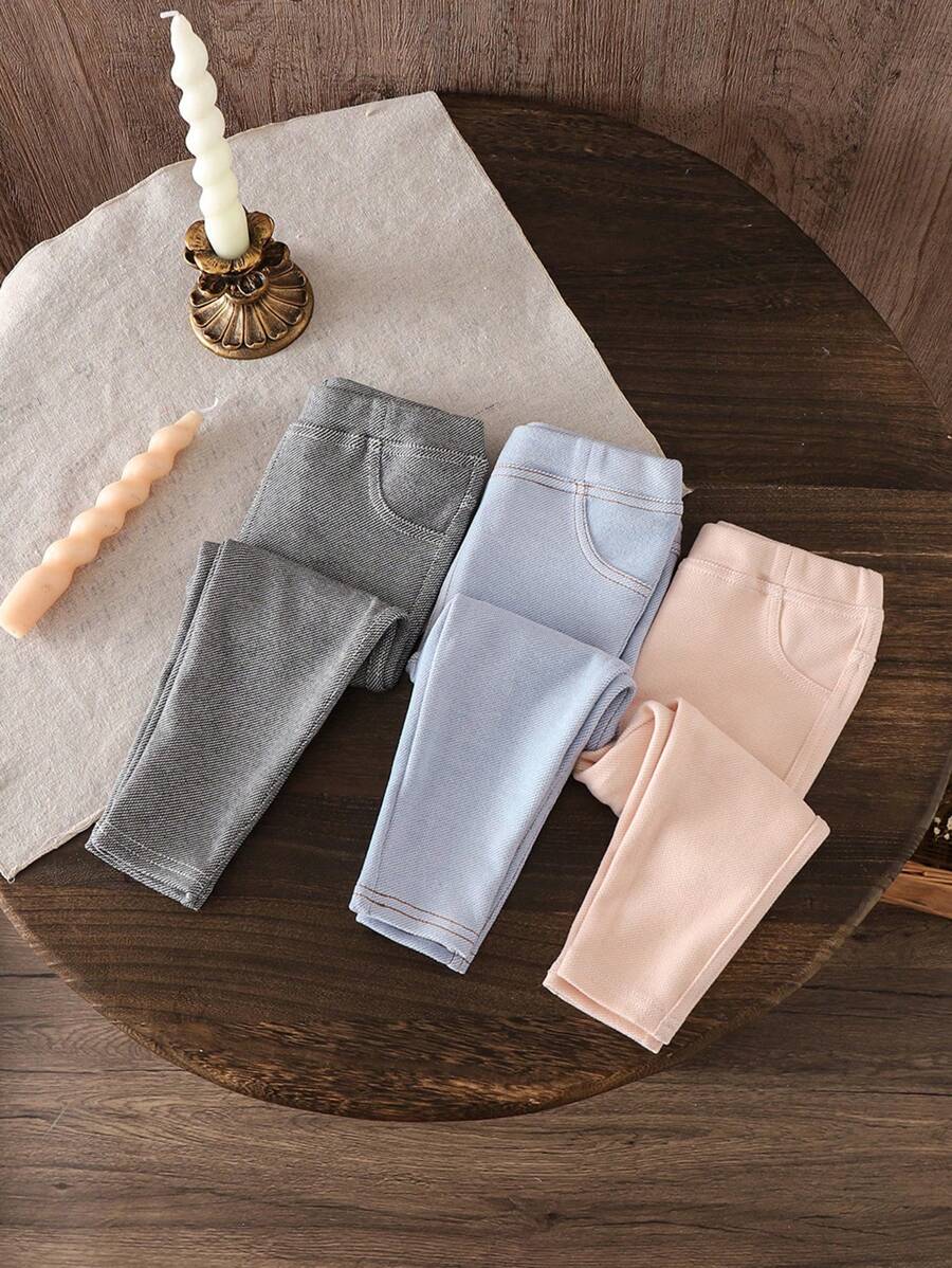 SHEIN LMoss Kids LMoss 3 件套女婴可爱纯色针织松紧腰裤，秋冬 - 彩色 - 查看 1