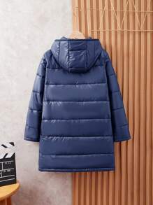 SHEIN Leap Crew Tween Boy Two-Tone Letter Ribbon Long Padded Coat, Warm For Winter - Navy Blue - View 2
