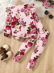 SHEIN Leap Crew Young Girl's Casual Floral Knitted Color Block 2 Pieces Set, Autumn/Winter - Pink - View 2