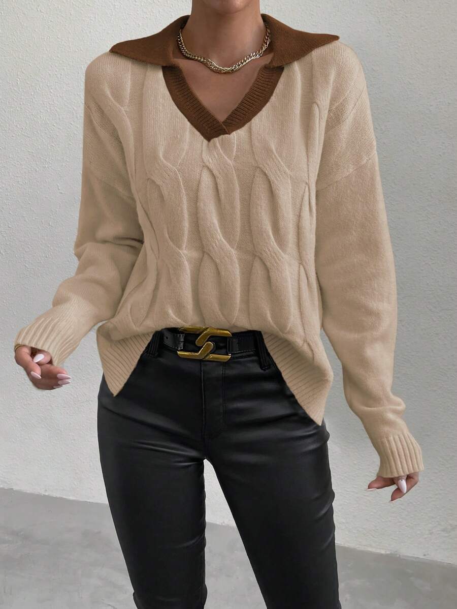 SHEIN Unity Sweater Rajut Wanita Lengan Panjang Kasual Kerah V Warna Kontras, Model Pullover Rajut Musim Gugur/Musim Dingin - MultiWarna - View 1