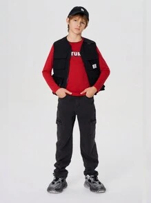 SHEIN 青少年男孩紅色圓領長袖T恤，印有字母圖案 - 酒紅色 - 查看 2