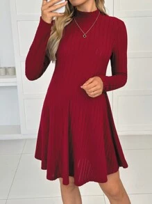 SHEIN Plain High Collar Ruffled Hem Maternity Long Sleeve Dress, Day Out Outfit - Burgundy - View 4