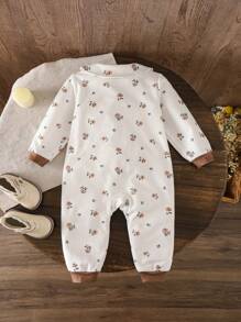 SHEIN LMoss Kids LMoss Newborn Baby Girl Ditsy Floral Knit Romper With Peter Pan Collar, Autumn/Winter