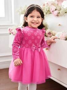 SHEIN Váy dài tay bằng vải nhung và lưới họa tiết hoạt hình màu hồng dễ thương cho bé gái, thích hợp cho tiệc tùng và các dịp khác, mùa thu/đông - Hồng - Xem 1