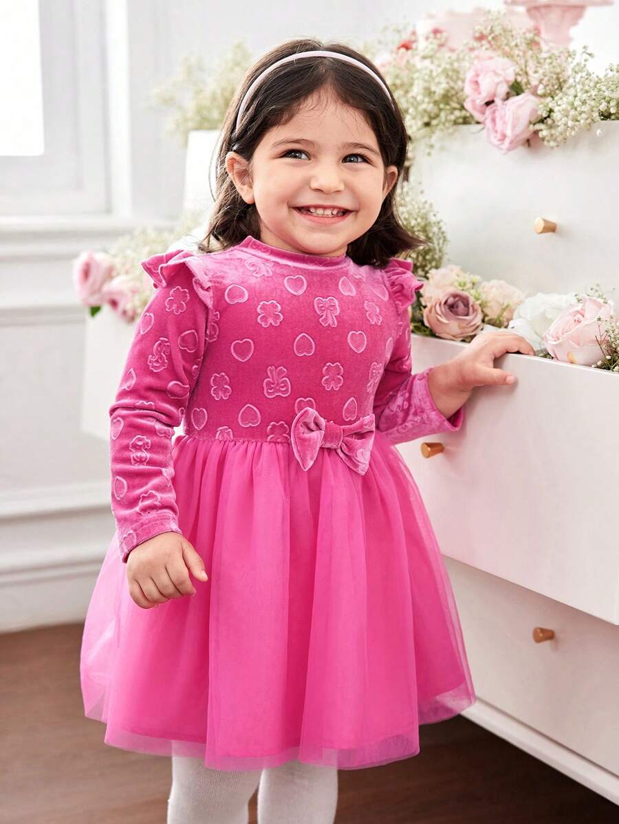 SHEIN Váy dài tay bằng vải nhung và lưới họa tiết hoạt hình màu hồng dễ thương cho bé gái, thích hợp cho tiệc tùng và các dịp khác, mùa thu/đông - Hồng - Xem 1