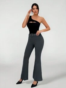 SHEIN Tall Quần ống loe co giãn có thắt lưng dành cho nữ - Xám - Xem 3
