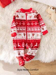 SHEIN Newborn Baby Boy Christmas Cute Bear, Christmas Tree, Heart Pattern Soft Comfortable Thermal Lined Zip-Up Jumpsuit, Warm Sleepwear - Red and White - View 1
