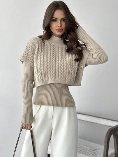 Firerie Elegant Minimalist Casual Fashion Commuting All-Match Crew Neck 2 In 1 Khaki Sweater, Suitable For Elderly, Autumn/Winter,Long Sleeve Tops, Fall And Winter, Elegant, Camel, Longsleeve, Highneck