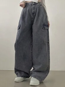 DAZY Women's Wide Leg Loose Casual Distressed Cargo Denim Jeans - Grey - View 3