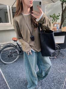 DAZY 女士撞色二合一休闲宽松长袖T恤，秋季服装 - 杏色 - 查看 5