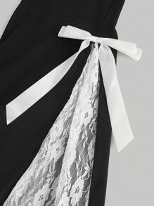 ROMWE Kawaii Women's Pure Sexy Y2K Style Lace Patchwork Ribbon Bow Flare Leg Pants - Black - View 5