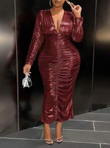 Slaydiva 大码优雅宴会礼服，深 V 领，长袖，收腰，褶皱纯色，适合秋冬季 - 酒紅色 - 查看 1
