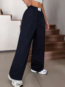 SHEIN EZwear Pantalones rectos casuales y sueltos de color negro, para primavera/verano - Azul Marino - Ver 3