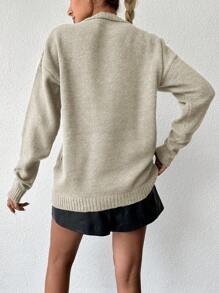 EURMUSE Maglione lavorato a maglia casual e ampio con spalle cadenti, di colore tinta unita, adatto per l'autunno - Beige - Visualizzare 2