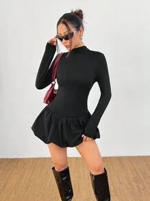 SHEIN PETITE Váy xòe tay dài ôm cổ cao cho nữ Váy xòe đèn lồng phù hợp cho mùa thu đông - màu đen - Xem 3