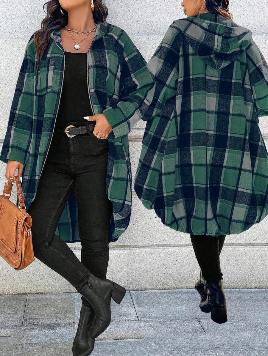 SHEIN LUNE 女式加大码印花不对称剪裁插肩袖前拉链连帽长款格子夹克 - 墨綠色 - 查看 1