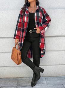 SHEIN LUNE 大码印花不对称拉格朗袖前拉链连帽长款格子夹克女式新年服装