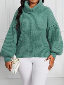 SHEIN Lady Autumn And Winter Elegant Work Green Worsted High Neck Raglan Sleeve Long Sleeve Plus Size Sweaters - Mint Green - View 6