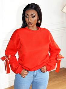 Zolique Women's Solid Color Crew Neck Luxury Elegant Ribbon Bow Design Sweatshirt Winter Women Clothes Christmas Sweatshirt Christmas Sweater Thermal Pullover Fall Outfit