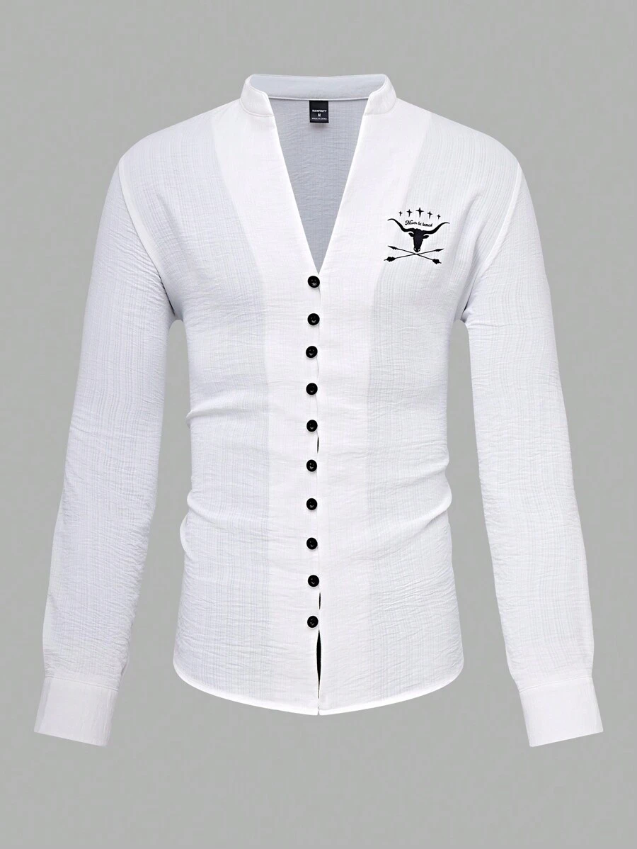Manfinity Homme 男士秋季牛头印花长袖单排扣休闲衬衫 - 米色 - 查看 1