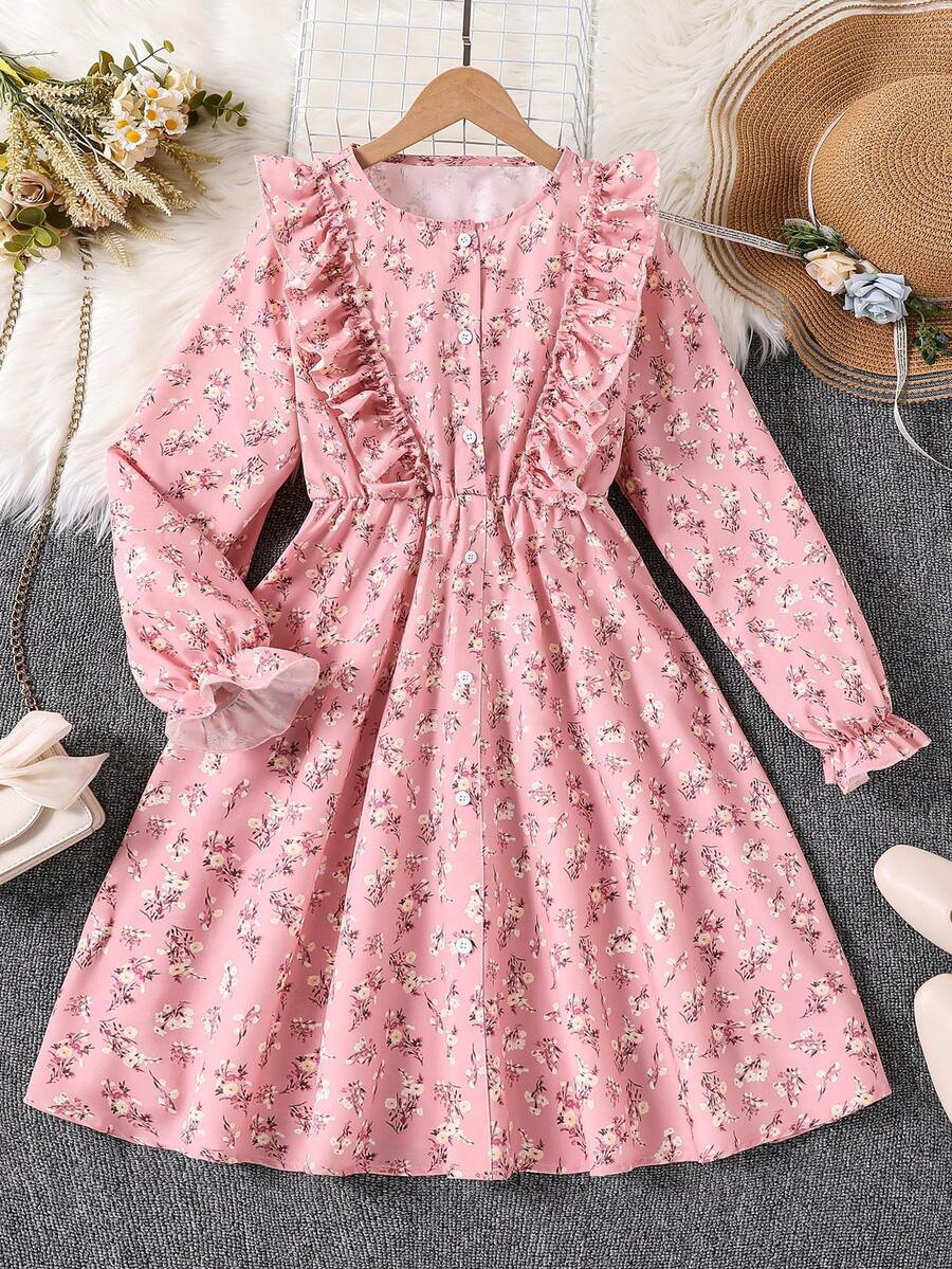 SHEIN Vintaside Kids 女孩可爱碎花长袖连衣裙 - 粉色 - 查看 1