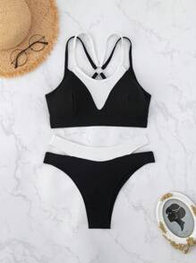 New Design Color Block Sexy Ribbed 2 In 1 Bikini Set Summer - Black and White - View 5