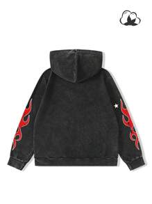 Manfinity EMRG 男士火焰印花连帽拉链运动衫，带口袋，长袖连帽运动衫，拉链字母连帽衫，适合送给朋友、丈夫、男朋友的礼物，emo 风格，2000 年代风格 - 黑色 - 查看 3